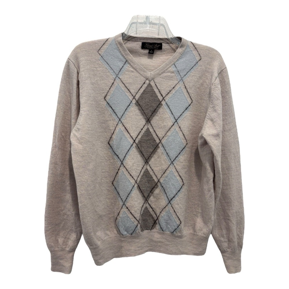 Garrett Scott Sweater Extra Fine Merino Wool‎ Argyle Pullover Mens Large Vneck